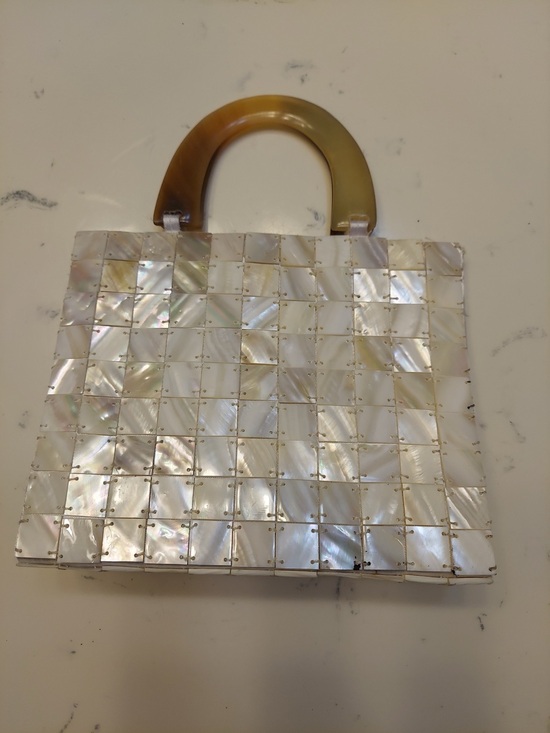 Handbags - Iridescent Mother-of-Pearl Handbag with Brown Handle